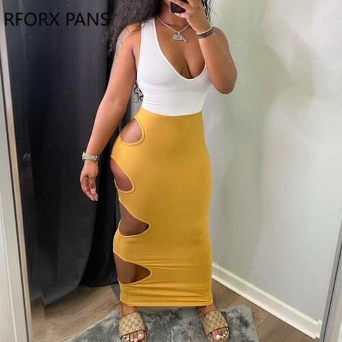 Women Dress Colorblock Cutout Thick Strap Maxi Dress Bodycon Dress Sexy Party Dress