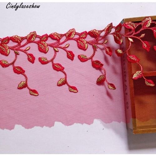 1Meter Leaves Embroidered Lace Trim Dress Sewing Mesh Lace Fabric Lingerie Lace Appliques Handmade Clothes Accessories Red Gold