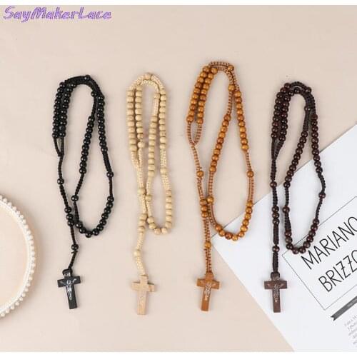 1pcs Christ Jesus Wooden Beads Rosary Bead Catholic Cross Pendant Woven Rope Chain Necklace Religious Orthodox Praying Jewelry