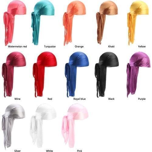 300PCS Long Tail Silky Scarf Muslim Doo Rag Pirate Hat Durag Chemo Caps Skull Hat Turban hair band Bandanas 18 colors for Choose