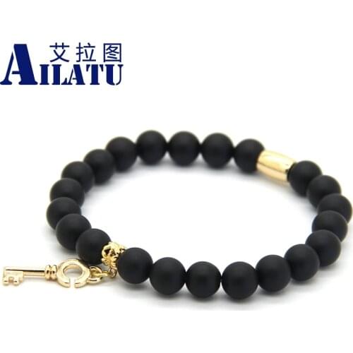 Ailatu 8mm Black Round Matte Glass Beads Hang Key pendant Bracelet Fashion Jewelry