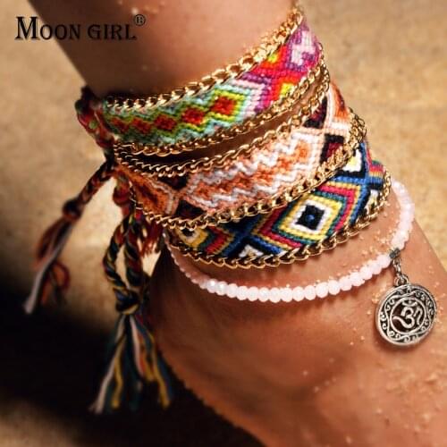 MOON GIRL 2 PCS Charm Anklets for Women Bohemian Crystal Bead Handmade Anklet Bracelets Female Beach Foot Jewelry Dropshipping