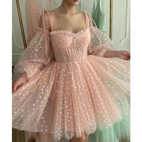 BridalAffair 2021 Blush Pink Tulle With Hearts Short Prom Dresses Off the Shoulder Puff Long Sleeves Mini Formal Party Dresses