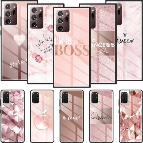Phone Case For Samsung Galaxy S20 FE S21 S10 S9 S8 Note 20 Ultra 10 Plus 9 Tempered Glass Cover Capa Rose Pink Princess Queen