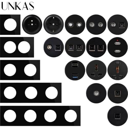 UNKAS Black Glass Panel EU French Socket USB Charger TV RJ12 Telephone RJ45 Computer Modules DIY Free Combination Outlet