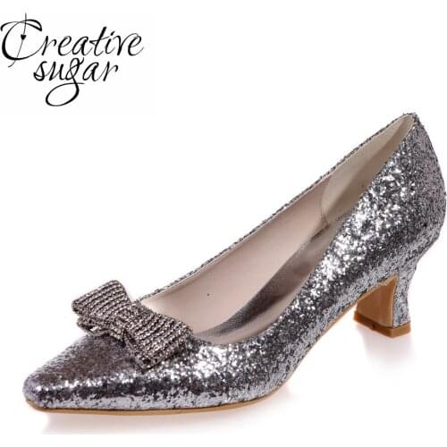 Creativesugar Comfortable low heel 3D metallic silver gold glitter party prom night club red carpet shoes pointed crystal bow