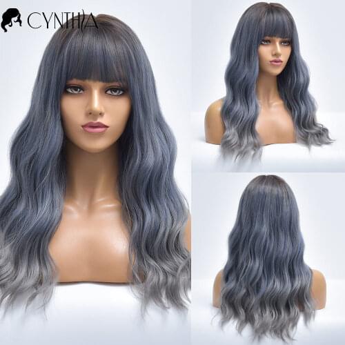 Long Blue Wave Ombre Daily Synthetic Wigs For White Women With Bangs Nutural Heat Resistant Cosplay Party Fiber Hair Female Wig