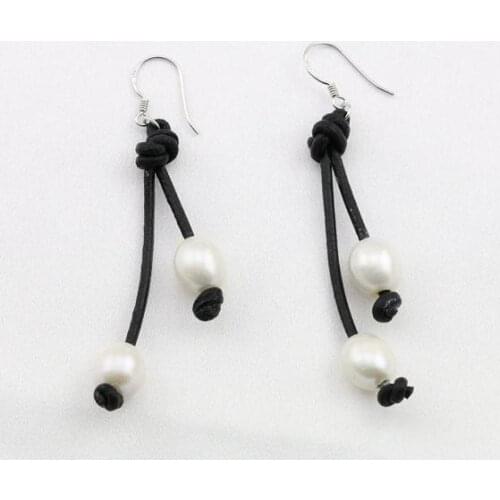 Perfect Leather Pearl Jewellery,AA 8-10MM White Rice Genuine Freshwater Pearl Black Leather Earrings,S925 Silvers Dangle Earring