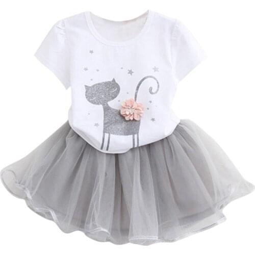Summer Baby Girls Clothes Set Infant Cartoon Cat Print Little Kittens Shirt + Gray Mesh Tutu Tulle Skirts Kids Girl Outfits Set