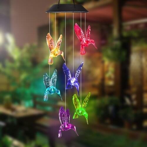 Creative Hummingbird Wind Chimes Solar LED Wind ChimeTransparent Color Changing Car Home Garden DIY Decoration