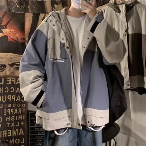 2022 Spring Autumn Hip Hop Patchwork Jacket Korean Style Clothes Kpop Couple Loose Streetwear Hooded Fashion Hooded Tooling Coat
