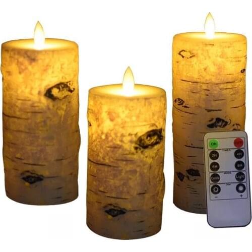 Set of 3 Remote controlled Battery operate Dancing Swinging wick LED Birch Candle Paraffin Wax Wedding Birthday Home Party Decor
