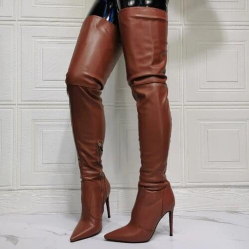 Real Photo Overknee Thigh High Boots Sexy Ladies Stiletto Thin High Heels Pointed Toe Brown Party Shoes Women Plus US Size 6-15