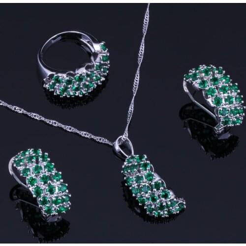 Adorable Green Cubic Zirconia Silver Plated Jewelry Sets Earrings Pendant Chain Ring V0304