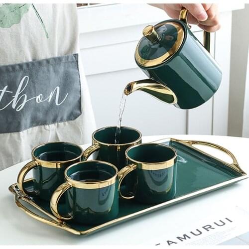 European luxury ceramic coffee cup set 6 pieces and 1 piece teapot gift box set mug milk tea coffee green drink 380ml