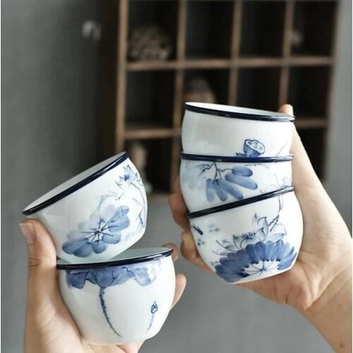 Hand-painted Tea Cup Celadon Blue and White Ceramic Tea Bowl Mug Big Lotus Painting Master Cup Household