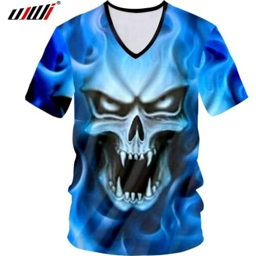 UJWI Dropshipping Tshirt Man Brand New Arrival 3d Funny Print Blue Fire Skull T-shirt Homme Short Sleeeve V Neck Tee Shirts 7XL