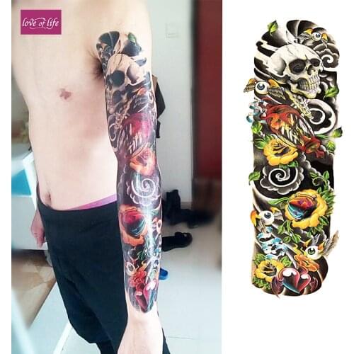 1 Piece Temporary Tattoo Sticker Skull in the flowers Full Flower Tattoo with Arm Body Art Big Large Fake Tattoo Sticker