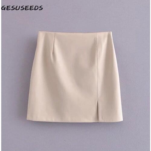 Summer skirt elegant A line skirt women 2021 sexy mini skirts vintage leather skirts casual split high waisted skirt beige