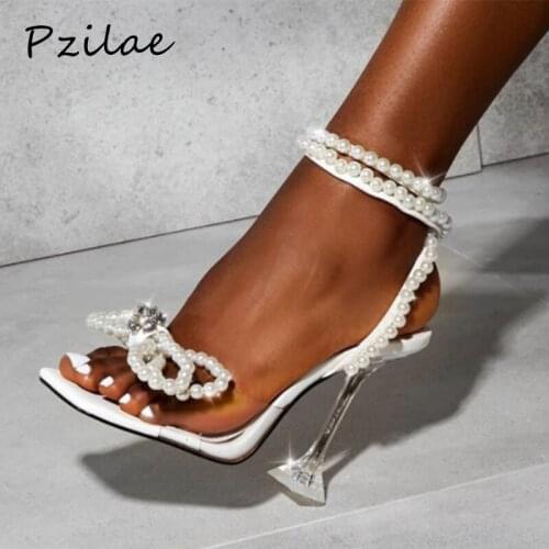 Pzilae New women shoes crystal heel sandals sexy high heels sandals summer party wedding shoes pearls bowtie pumps big size 42
