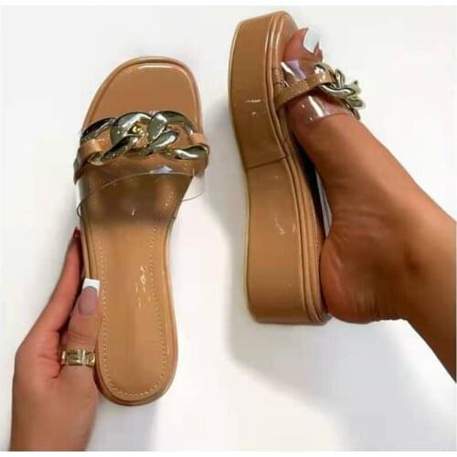 Summer 2021 New Women Flip Flop Gold Chain Link Slide Slip On Flat Sandal Shoe Slipper Black