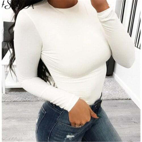 Women Basic Bodysuits, Casual Long Sleeve Solid Color Crew Neck One-Piece Leotard Tops