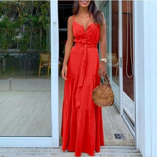 2021 Summer New Long Dress Fashion Pop Solid Color Button V-neck Sleeveless Dress Women Beach Clothes with Belt Femme Robe