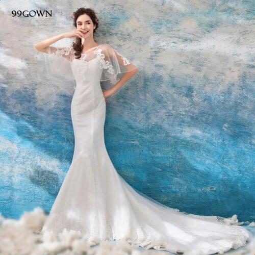99GOWN 2021 Simple Wedding Dress For Women Sexy Mermaid Wedding Gown Sweep Train Batwing Sleeve Bridal Dresses Embroidery