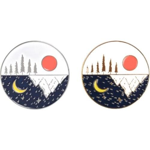 Round Day and Night Alternating Metal Enamel Brooch Sun Moon Star Alpine Forest Badge Pin Cute Trendy Costume Backpack Jewelry