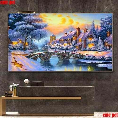 Diamond embroidery European style landscape small bridge running water house tree diy diamond painting mosaic rhinestones Decor