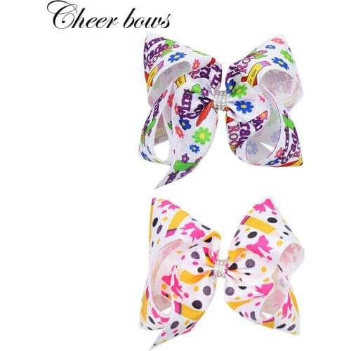 7" Back To School Hair Bows for Girls Large Print Ribbon Bowknot Hairgrip Rhinestone Hair Clip Children Hair Accessories