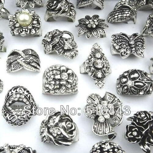 Freeshipping Vintage 10PCS Hot Sell Antique Silver Rhinestones Women Mens Rings Mix Style Wholesale and Retail A004