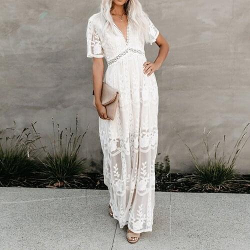Boho Inspired white Lace tunic summer beach dress women deep V-neck lining embroidery slit side bohemian tunic dress female