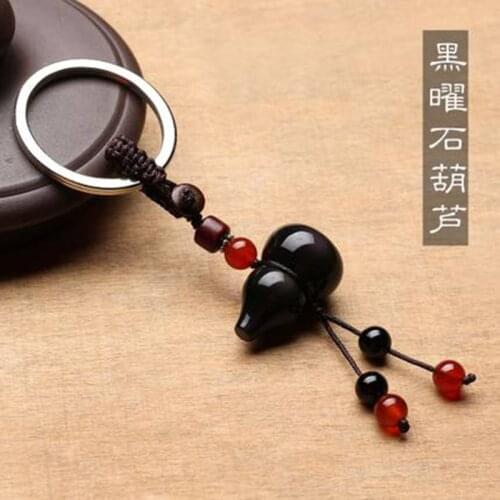 2021 Hot Selling Cute Lucky Mini Gourd With Black Red Beads Pendant Keychain Special Natural Obsidian Key Holder Keyring