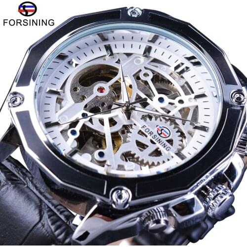 Forsining Black Genuine BeltFashion Transparent Sport Military Automatic Wrist Watch Top Brand Luxury Skeleton Men Clock