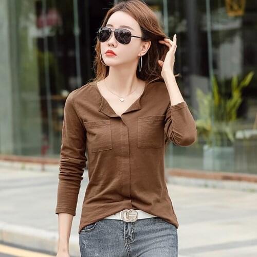 Shintimes Pockets T Shirt Women V-Neck Patchwork New Korean Style Long Sleeve 2020 Autumn Cotton T-Shirt Female Tee Shirt Femme