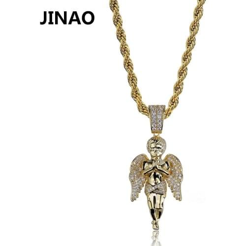 JINAO Hip Hop Micro Paved Zircon Angel Jesus Wing Copper Gold Silver Color Plated Iced Out Full Cz Pendant Necklaces Gift