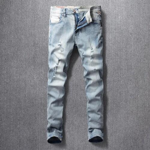 Korean Style Fashion Men Jeans Retro Light Blue Elastic Slim Fit Destroyed Ripped Jeans Men Streetwear Designer Denim Punk Pants
