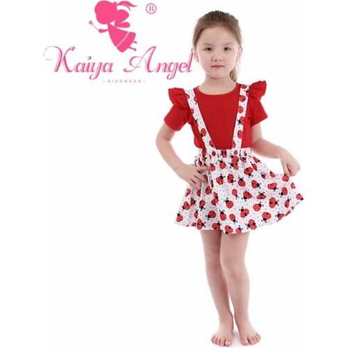 Kaiya Angel Toddler Girls Summer Clothing Boutique Kids Red Cotton Short Sleeve Top Overalls Dresses 2 pcs Suit Wholesale
