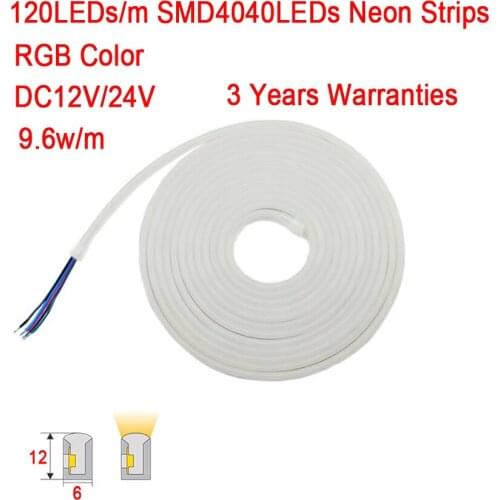 Neon Strips 120leds/m RGB SMD4040LED DC12V 6x12mm 9.6w/m Silicone Casing IP67 waterproof Flexible Strips with 3 Years Warranties