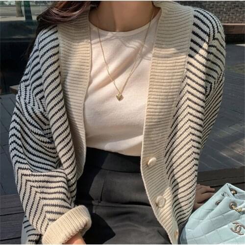 LMQ NEW 2020 Women Knitwear Autumn Winter Striped V-Neck Cardigans Buttons Oversize Korean Style Lady Sweaters Tops
