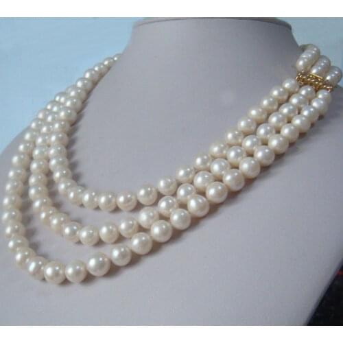 3 row strands natural 8-9mm akoya white pearl necklace 17"18"19"14K gold clasp