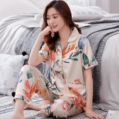 Summer Short Sleeve Pants Pajamas Silk Luxury Pijamas for Women Print Sleepwear Plus Size Satin Loungewear Two Piece Home Set