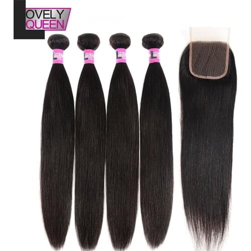 Lovely Queen Hair Straight 4 Bundles with Closure Brazilian Human Hair Bundles with Closure Non Remy Grade Natural Color