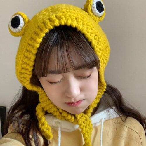 Women Men Cute Frog Eyes Weave Knitted Skullies Beanie Hat Solid Color Chunky Crochet Harajuku Winter Warm Earflap Cap