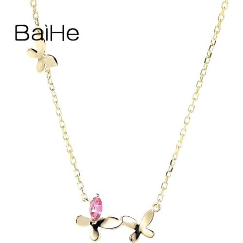 BAIHE Solid 18K White/Yellow/Rose Gold 0.07ct Marquise Natural Tourmaline Wedding Gift Fine Jewelry butterfly Diamond Necklace