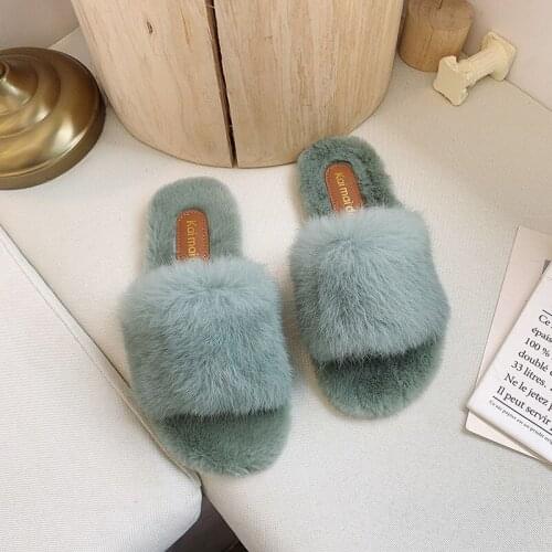 Furry shoes Korean net red fur Womens shoes female flat word with fur slippers fashion thick bottom home lazy slippers women
