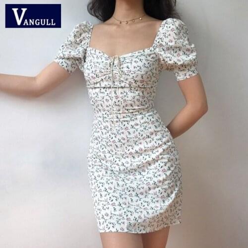 Vangull Flower Printing Dress Chiffon Lace-up Womens 2021 Summer New Square Neck Vintage Puff Sleeve Female Fashion Mini Dress