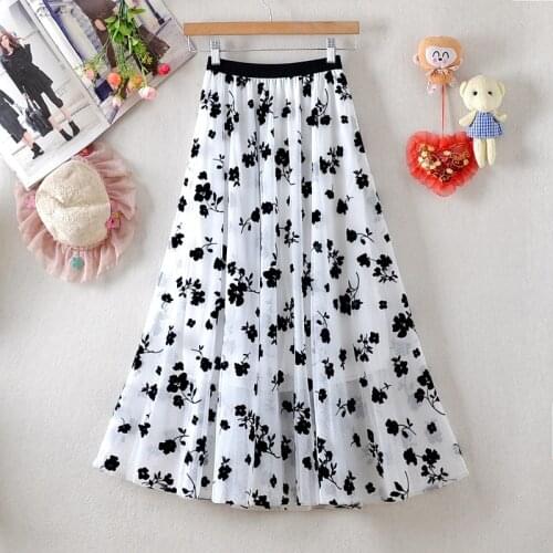 Summer Women Elegant Floral Printed Tulle Midi Skirts Fashion Girls Ladies Spring Streetwear High Waist Casual Pleated Skirt 250
