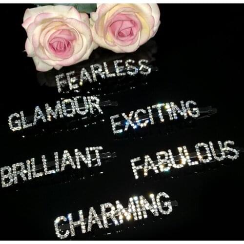 Handmade Crystal Word Hairclips ",FEARLESS,EXCITING,GLAMOUR,FABULOUS,BRILLIANT,CHARMING" Letters Hair Pins Accessories WHOLESALE
